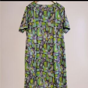 16 TRISTE WATERCOLOR short sleeve green purple fully lined WRINKLE FREE DRESS